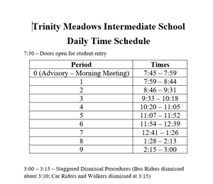 TMI period schedule 